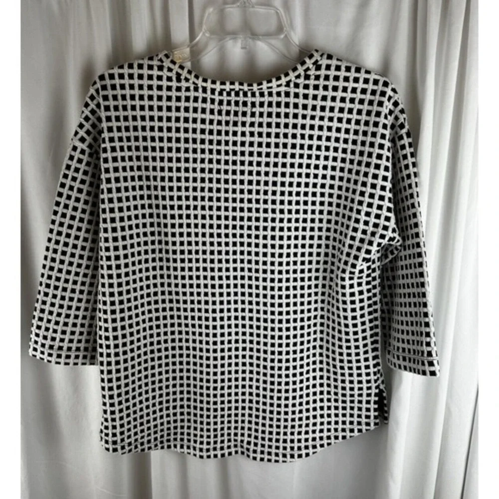 Lou & Grey Blue White Grid Textured Knit Top 3/4 Sleeve S Preppy Academia 55-22‎